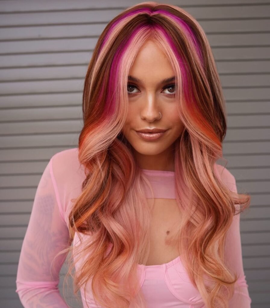 Brown and Pink Color Blocking on Blonde Hair