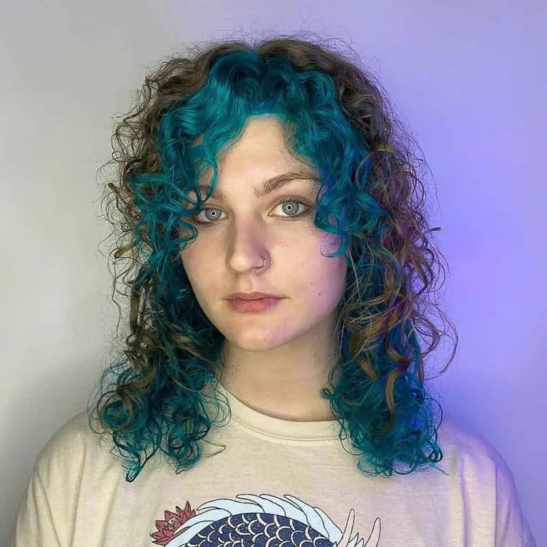 Curly Black Medium Wolf Cut With Cyan Curly Curtain Bangs