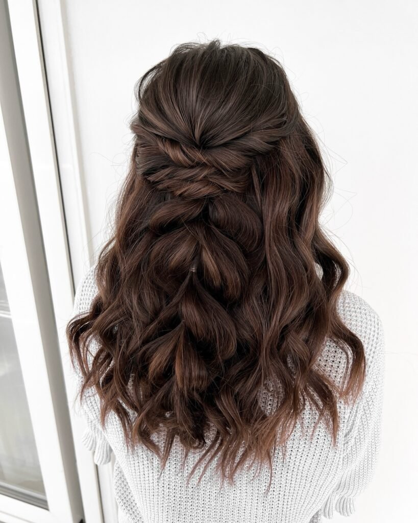 Half Up Half Down Pull Through Braids on Wavy Brunette Hair