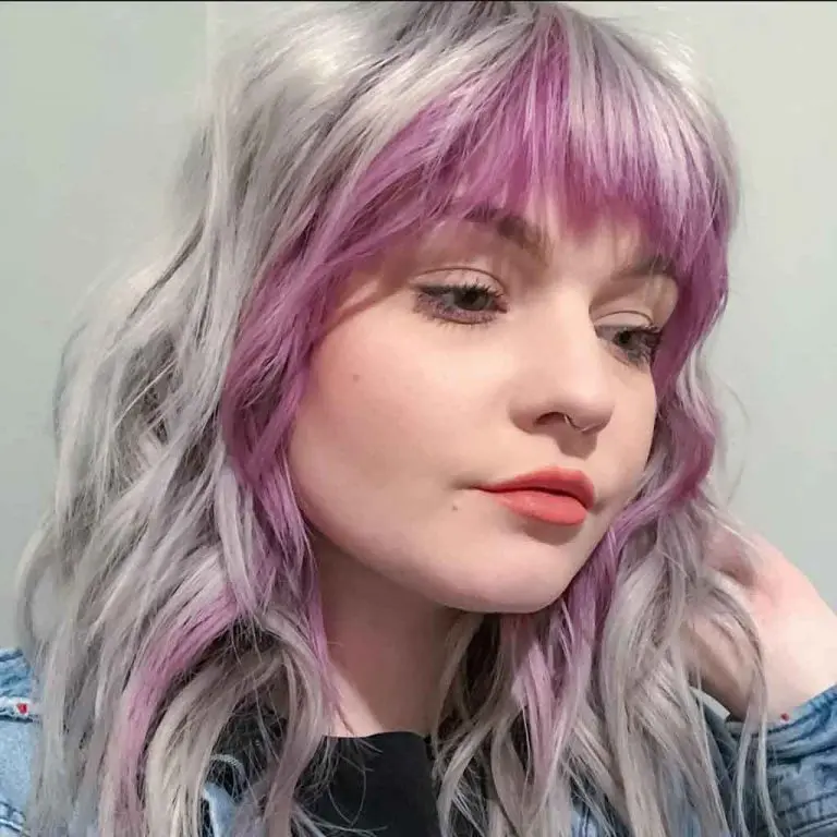 Long Ash Wavy Wolf Cut With Purple Highlights and Bangs