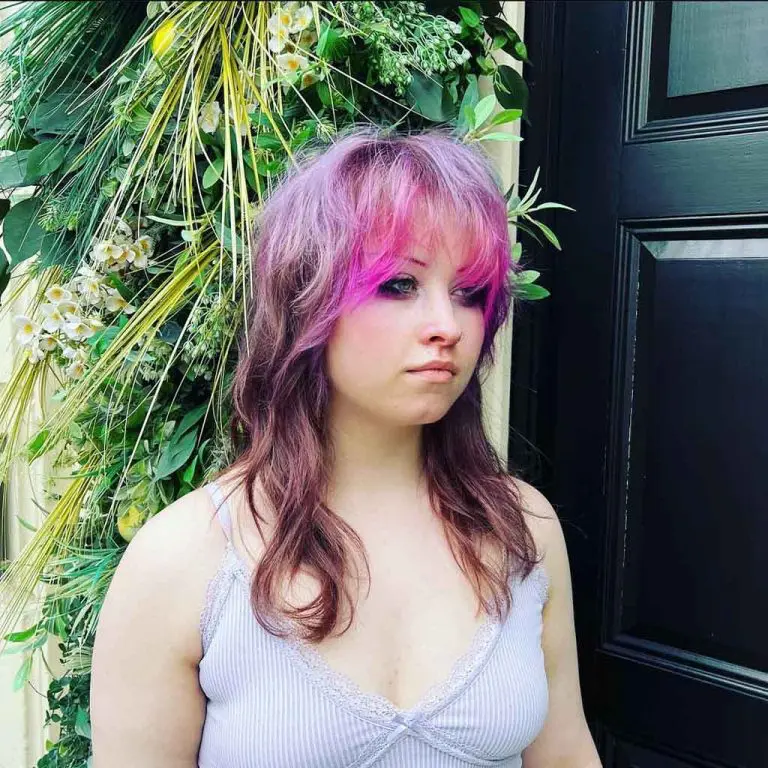 Long Burgundy Mullet Wolf Cut With Hot Pink Messy Bangs