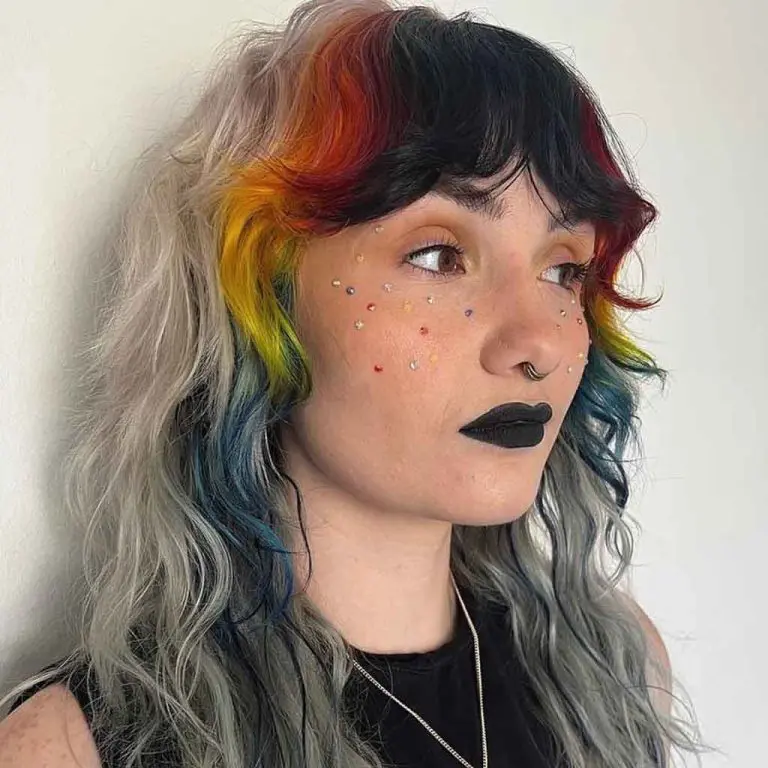 Soft Ash Wolf Cut With Dark Multi-Colored Wavy Curtain Bangs