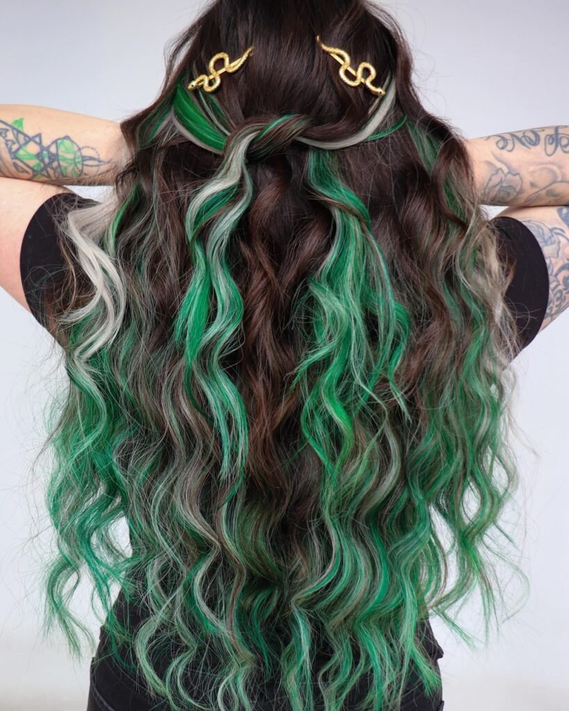 Wavy Brown Hair With Green and Silver Chunky Highlights