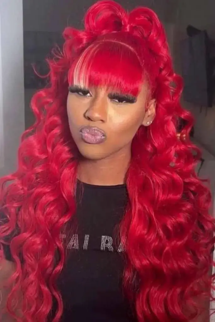 Playful Red Weave With Soft Curls and Fringe