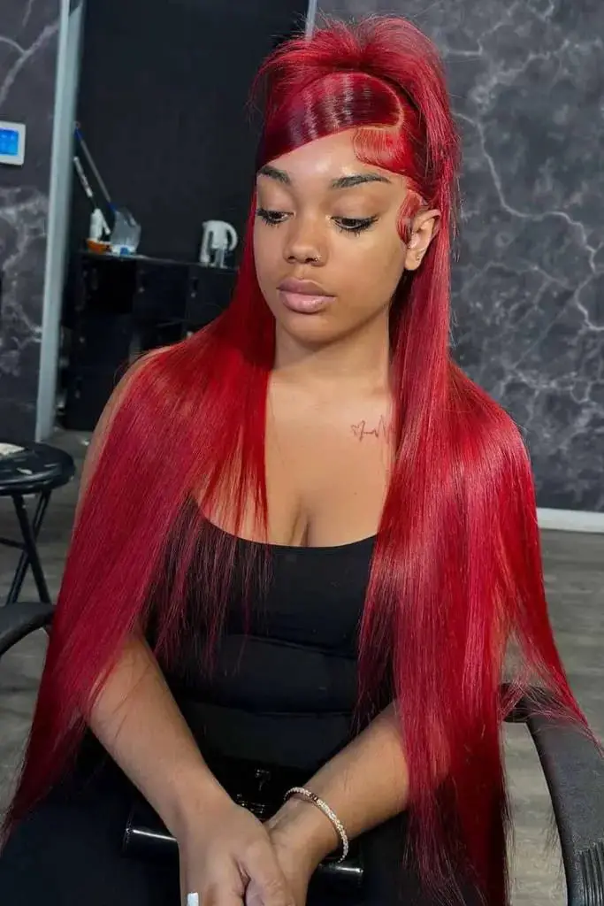 Straight and Simple Red Weave With Half-Up High Ponytail