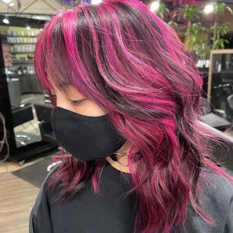 Black and Pink Long Wavy Wolf Cut