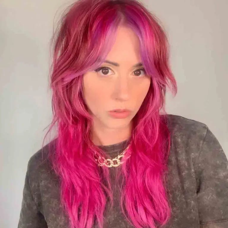 Hot Pink Long Wolf Cut With Curtain Bangs