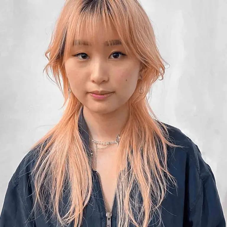  Jellyfish Wolf Cut on Peach Hair With Wispy Bangs