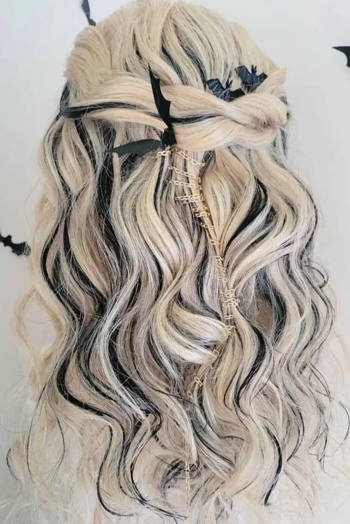 Long Wavy Half Up Half Down Hair With Bat Accessories
