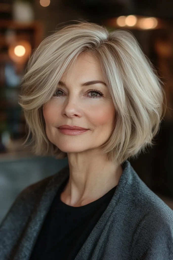 10 Stunning Short Wispy Haircuts for Older Women 3 Ash Blonde Feathered Bob