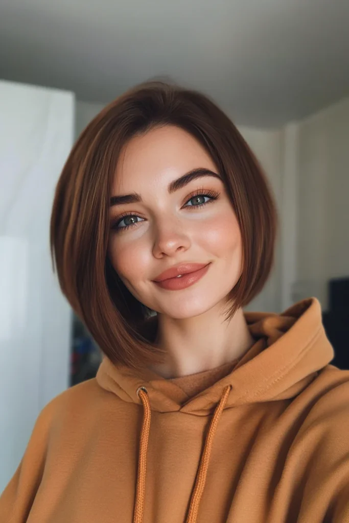 10 Stylish Short Hairstyles for Round Faces 3 Asymmetrical Bob in Rich Chestnut Brown