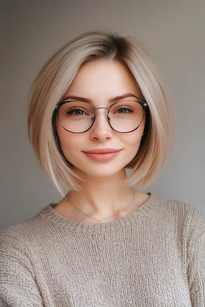 10 Chic Haircuts with Glasses 7 Asymmetrical Bob in Smoky Ash Blonde