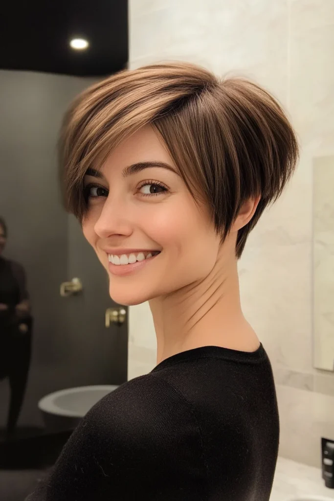 10 Stunning Pixie Haircuts with Bangs 7 Asymmetrical Pixie in Natural Brunette