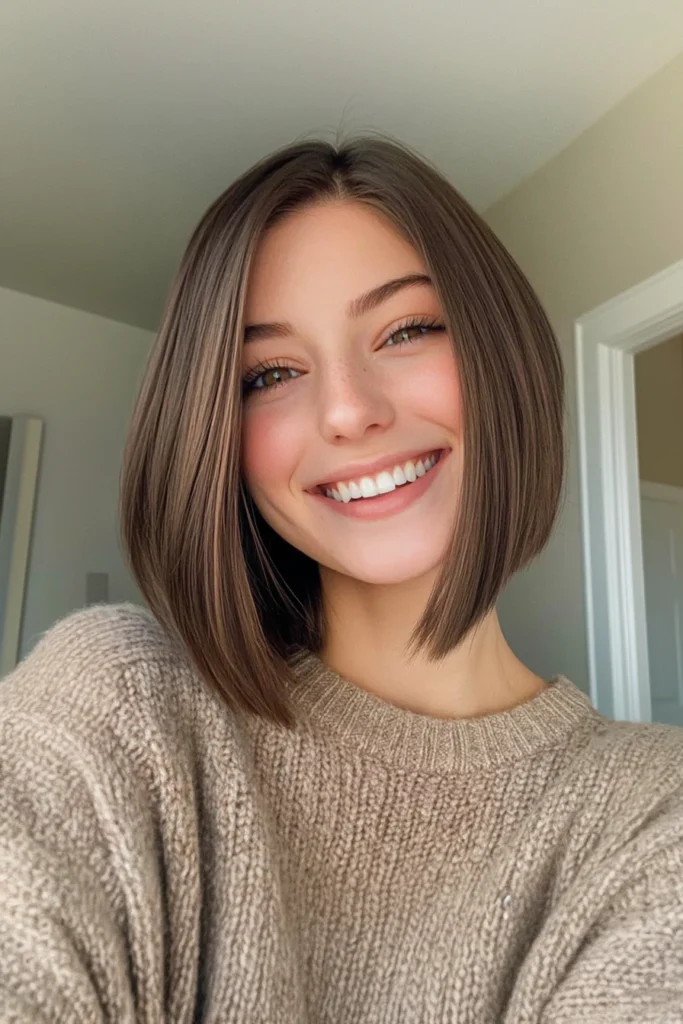 10 Trending Hairstyles For Thin Straight Hair 5 Blunt Chin-Length Bob - Espresso Brown