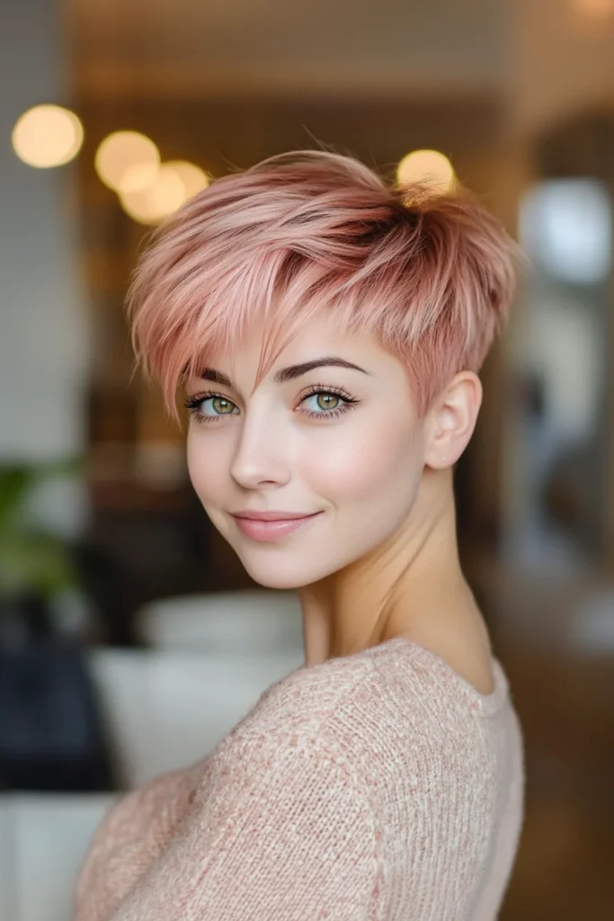 10 Stylish Short Hairstyles for Round Faces 7 Choppy Pixie Cut with Rose Gold Tones