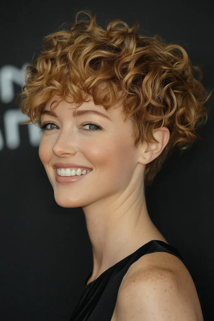 10 Chic Haircuts for Fluffy Hair 5 Curly Layered Pixie in Golden Brown