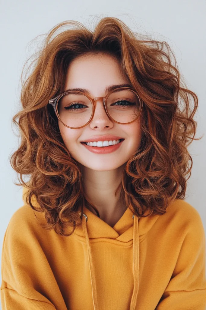 10 Chic Haircuts with Glasses 6 Curly Shag in Golden Copper