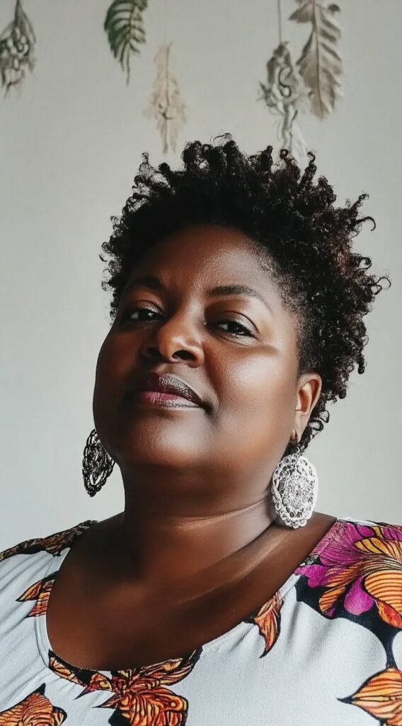 10 Older Black Women Hairstyles for Over 50 4 Curly Tapered Cut with Statement Earrings