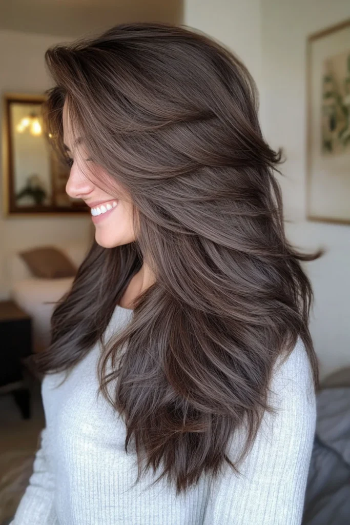 10 Chic Haircuts for Fluffy Hair 2 Feathered Cascade in Dark Brown