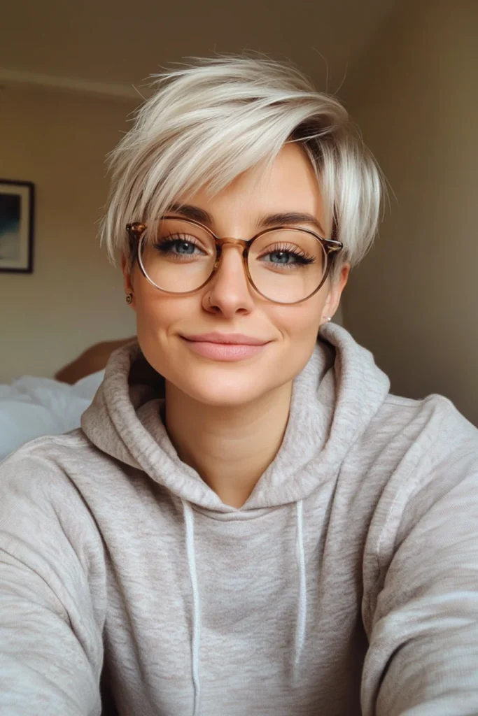 10 Chic Haircuts with Glasses 4 Feathered Pixie in Platinum Blonde