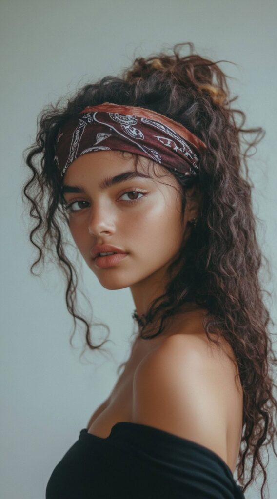 10 Pirate Hairstyles for Women 8 High Curly Ponytail with a Bandana