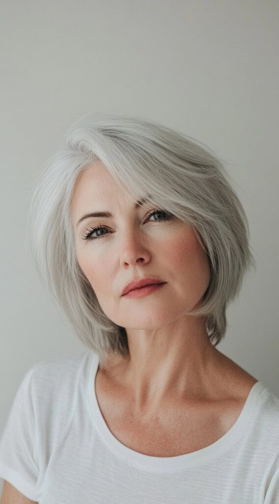 10 Short Hairstyles for Women Over 50 with Gray Hair 2 Layered Bob with Feathered Ends
