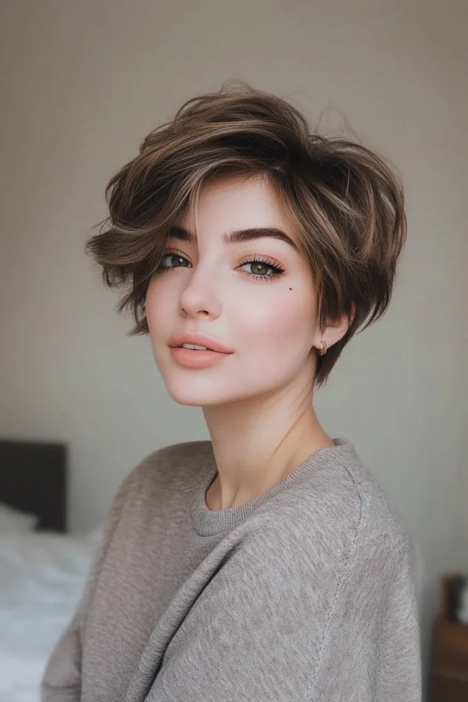 10 Stylish Short Hairstyles for Round Faces 4 Layered Crop with Smoky Ash Balayage