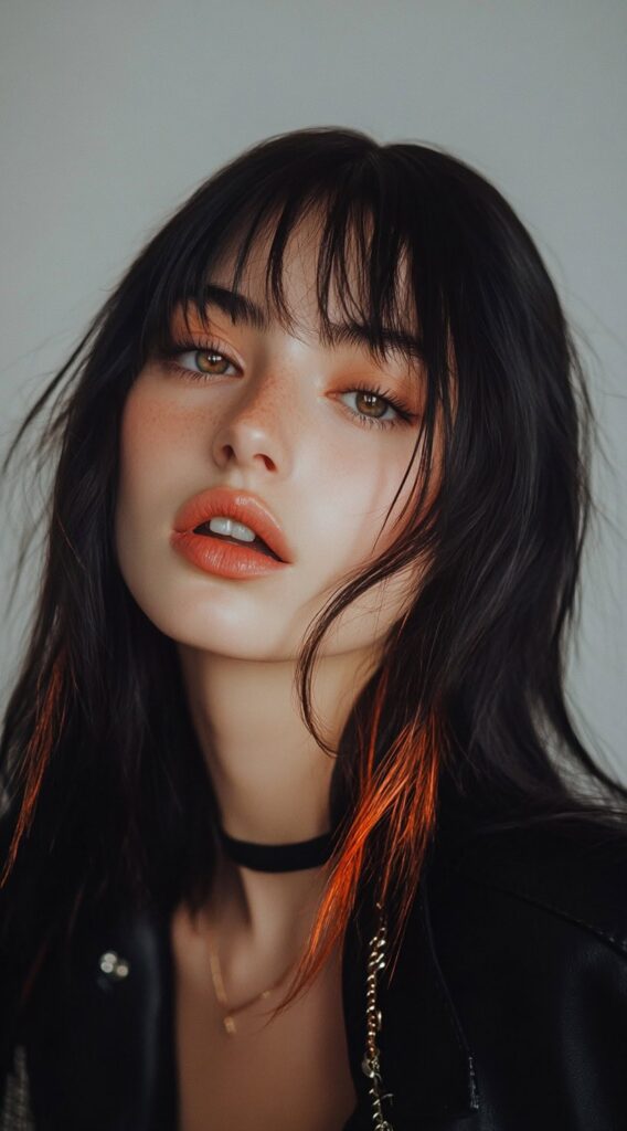 10 Inspiring Black Hair with Brown Highlights Ideas 9 Long Shag with Fiery Brown Streaks