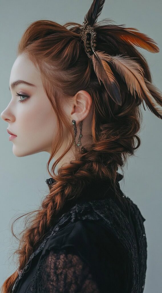 10 Pirate Hairstyles for Women 11 Loose Cascading Braid Adorned with Feathers