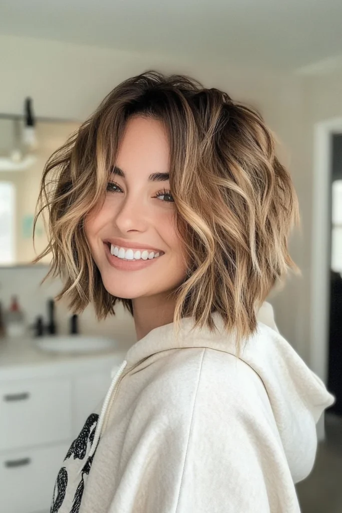 10 Stylish Short Hairstyles for Round Faces 6 Messy Bob with Caramel Balayage