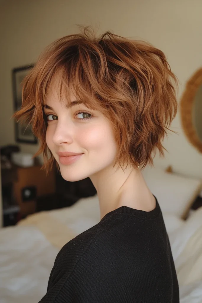 10 Stunning Pixie Haircuts with Bangs 4 Messy Textured Pixie in Warm Chestnut Brown