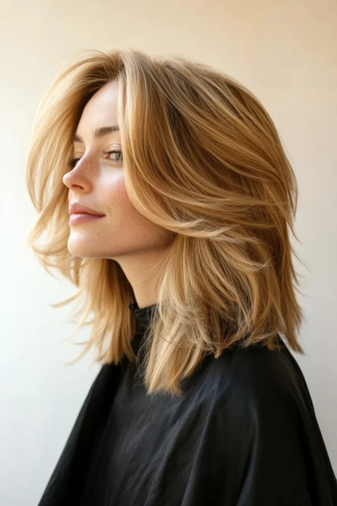 10 Chic Haircuts for Fluffy Hair 9 Mid-Length Soft Layers in Honey Blonde