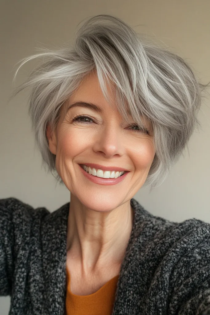 10 Stunning Short Wispy Haircuts for Older Women 4 Salt-and-Pepper Side-Swept Pixie