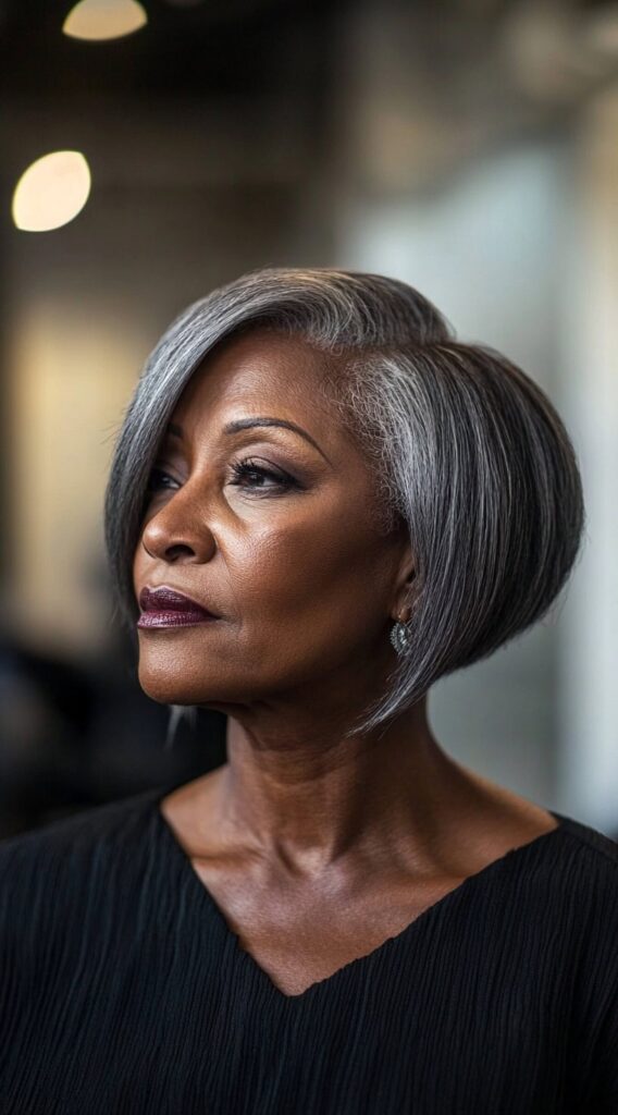 10 Timeless Bob Hairstyles for Older Women 3 Side-Swept Gray Layered Bob