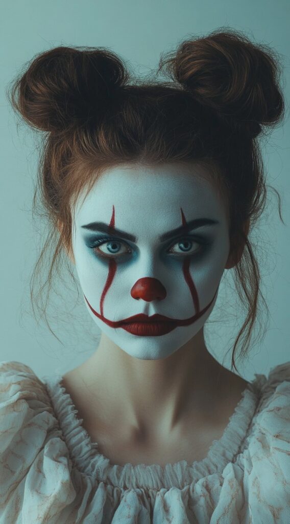 10 Clown Hairstyles: Fun and Frightening Ideas 3 Simple Double Buns with Clown Makeup