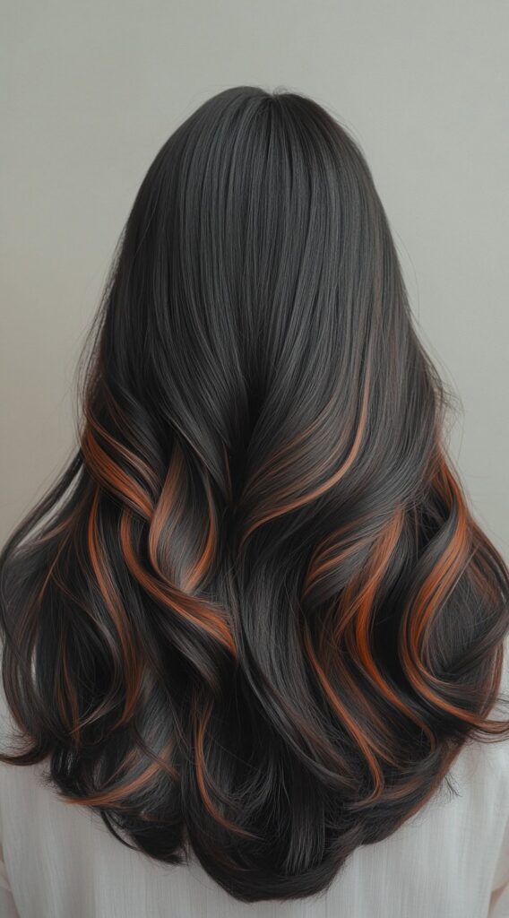 10 Inspiring Black Hair with Brown Highlights Ideas 3 Sleek Black Hair with Caramel Brown Balayage