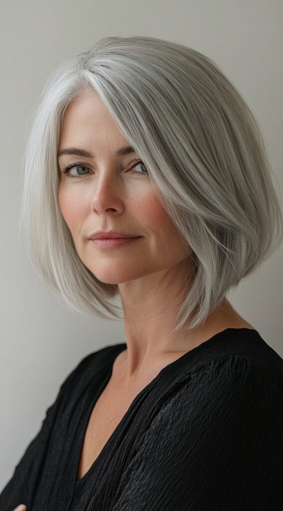 10 Short Hairstyles for Women Over 50 with Gray Hair 9 Sleek Long Bob