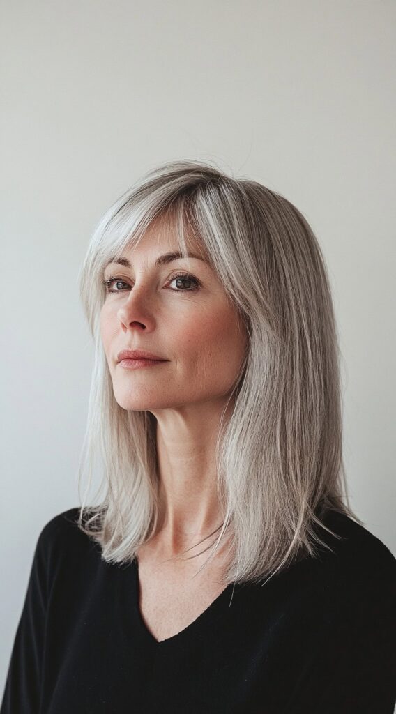 10 Flawless Fine Hair with Bangs Hairstyles 5 Sleek Shoulder-Length Hair with Side-Swept Bangs