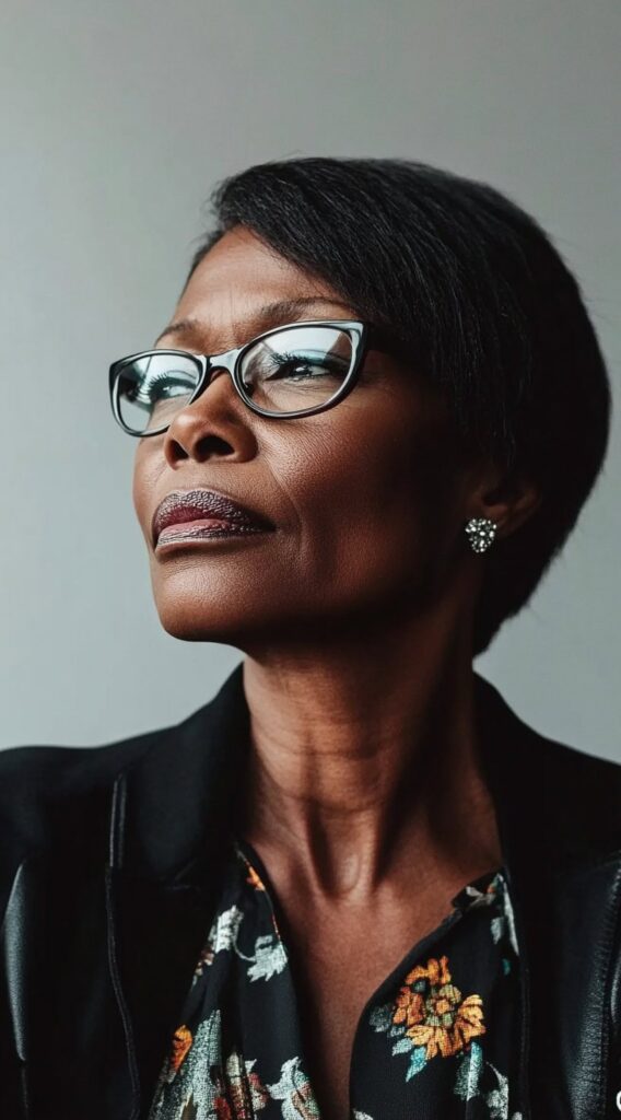 10 Older Black Women Hairstyles for Over 50 3 Sleek Side-Parted Bob with Glasses