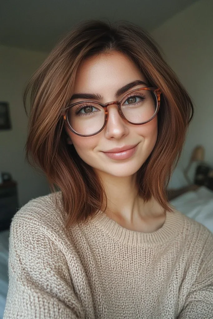 10 Chic Haircuts with Glasses 2 Soft Layered Bob in Chestnut Brown