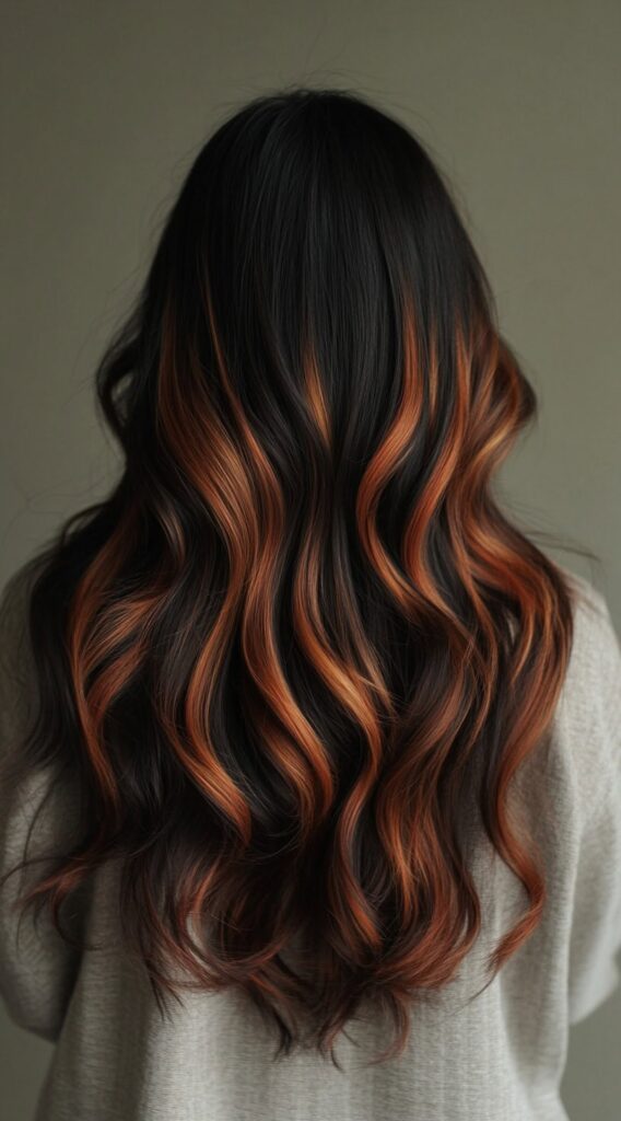 10 Inspiring Black Hair with Brown Highlights Ideas 2 Soft Wavy Black Hair with Warm Brown Highlights