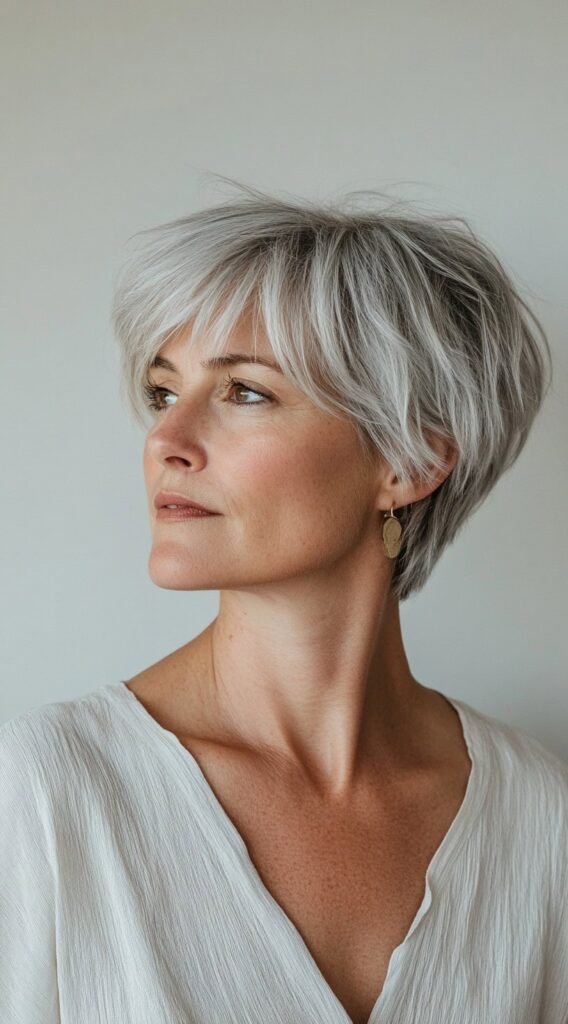 10 Short Hairstyles for Women Over 50 with Gray Hair 8 Textured Pixie Bob with Side-Swept Bangs