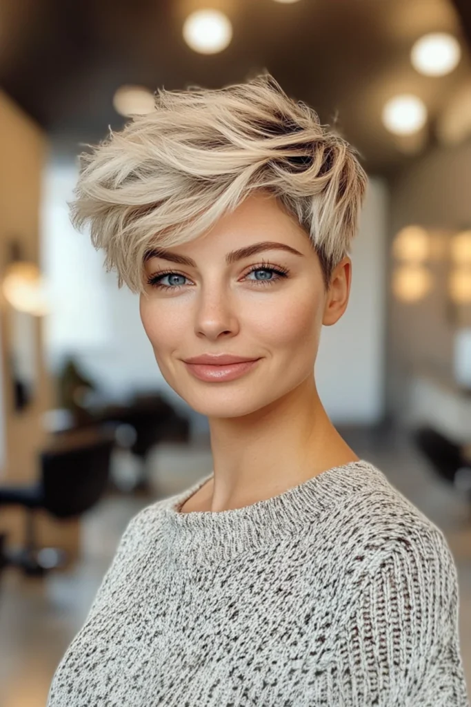 10 Stylish Short Hairstyles for Round Faces 2 Textured Pixie with Icy Blonde Highlights