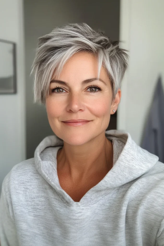 10 Powerful Hairstyles for Women Over 50 2 Textured Pixie with Silver Highlights
