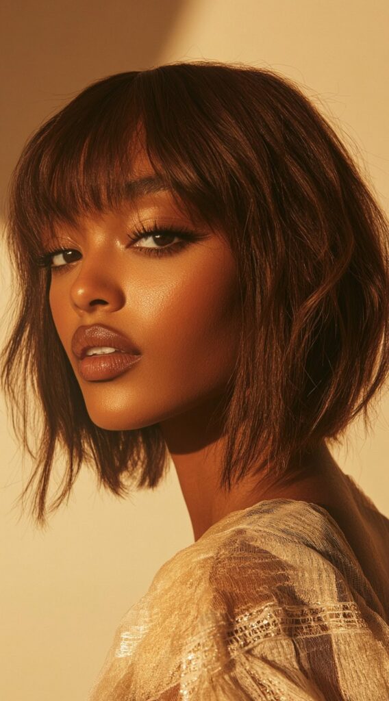 10 Modern and Stylish Brown Bob Hairstyles 8 Tousled Bob with Full Bangs