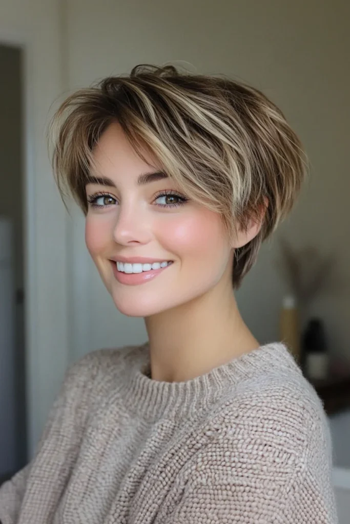 10 Stylish Short Hairstyles for Round Faces 10 Tousled Crop with Ash Blonde Babylights