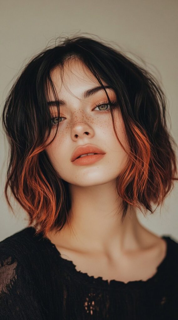 10 Inspiring Black Hair with Brown Highlights Ideas 4 Tousled Lob with Copper Brown Tips