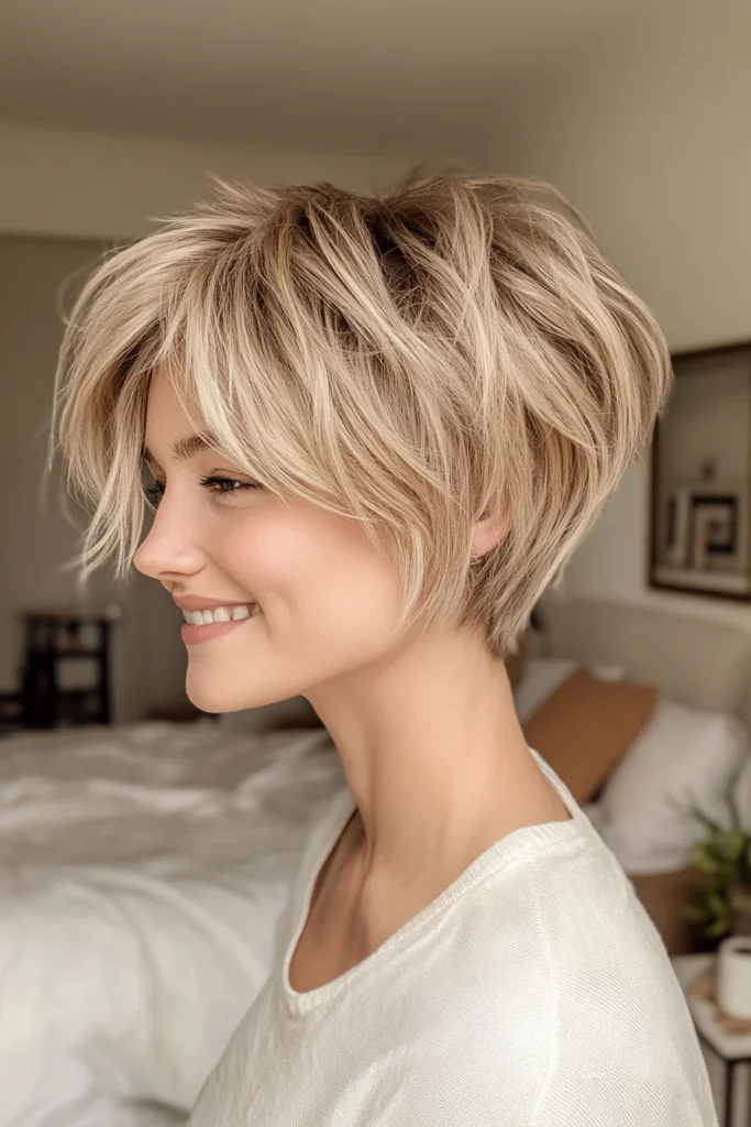 10 Stunning Pixie Haircuts with Bangs 10 Tousled Pixie with Layered Bangs in Sandy Blonde