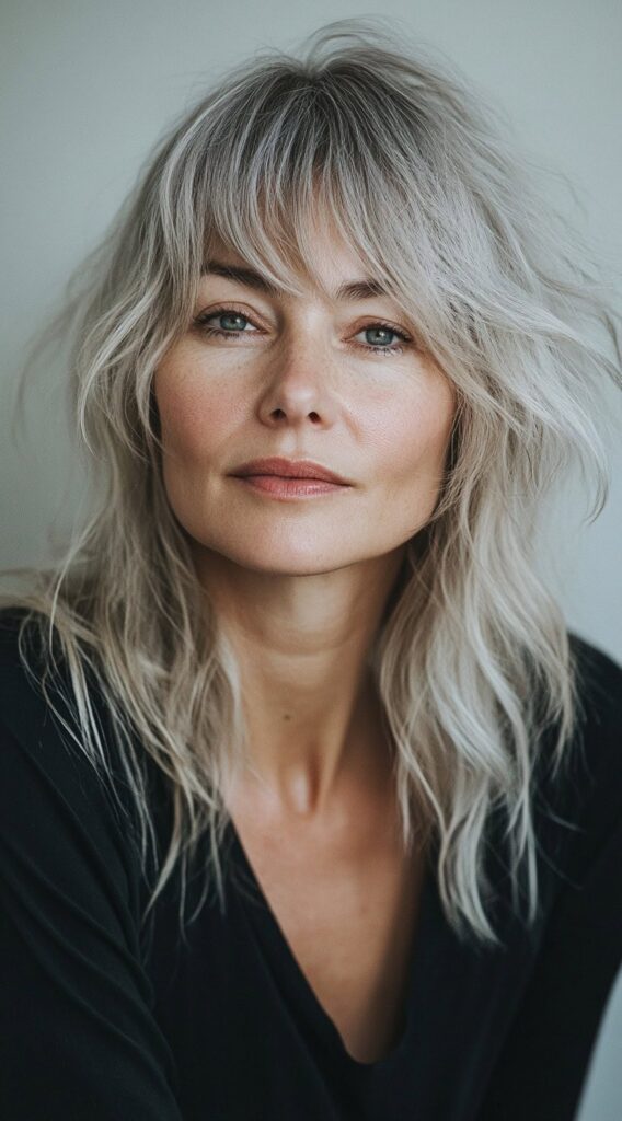 10 Flawless Fine Hair with Bangs Hairstyles 2 Tousled Shoulder-Length Shag with Curtain Bangs