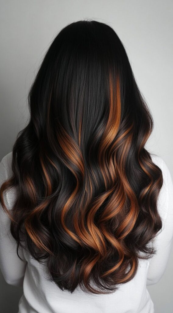 10 Inspiring Black Hair with Brown Highlights Ideas 6 Voluminous Curls with Caramel Brown Highlights